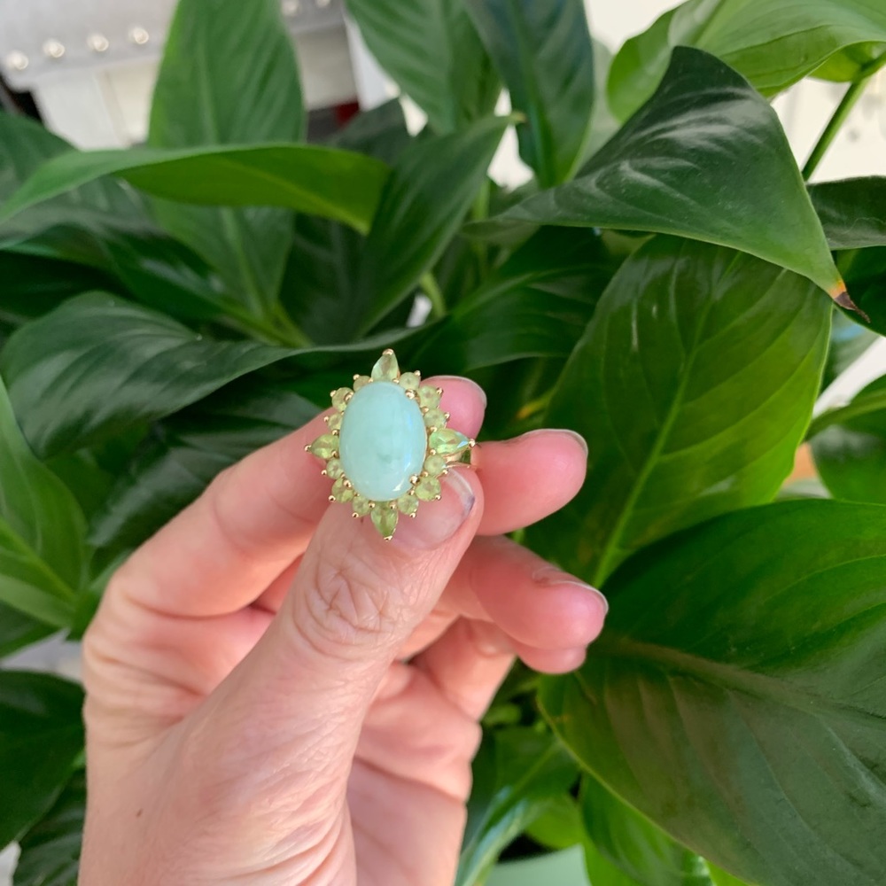 Light Green Jade in gold Oval Stone Halo Ring